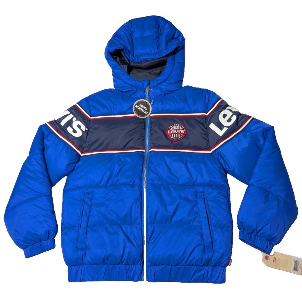 LEVIS Boys Medium (10-12 Yrs) Blue Nylon Full Zip Hooded Puffer Jacket NEW